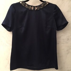 CLUB MONACO “Gia” Silk Top with Jeweled Collar